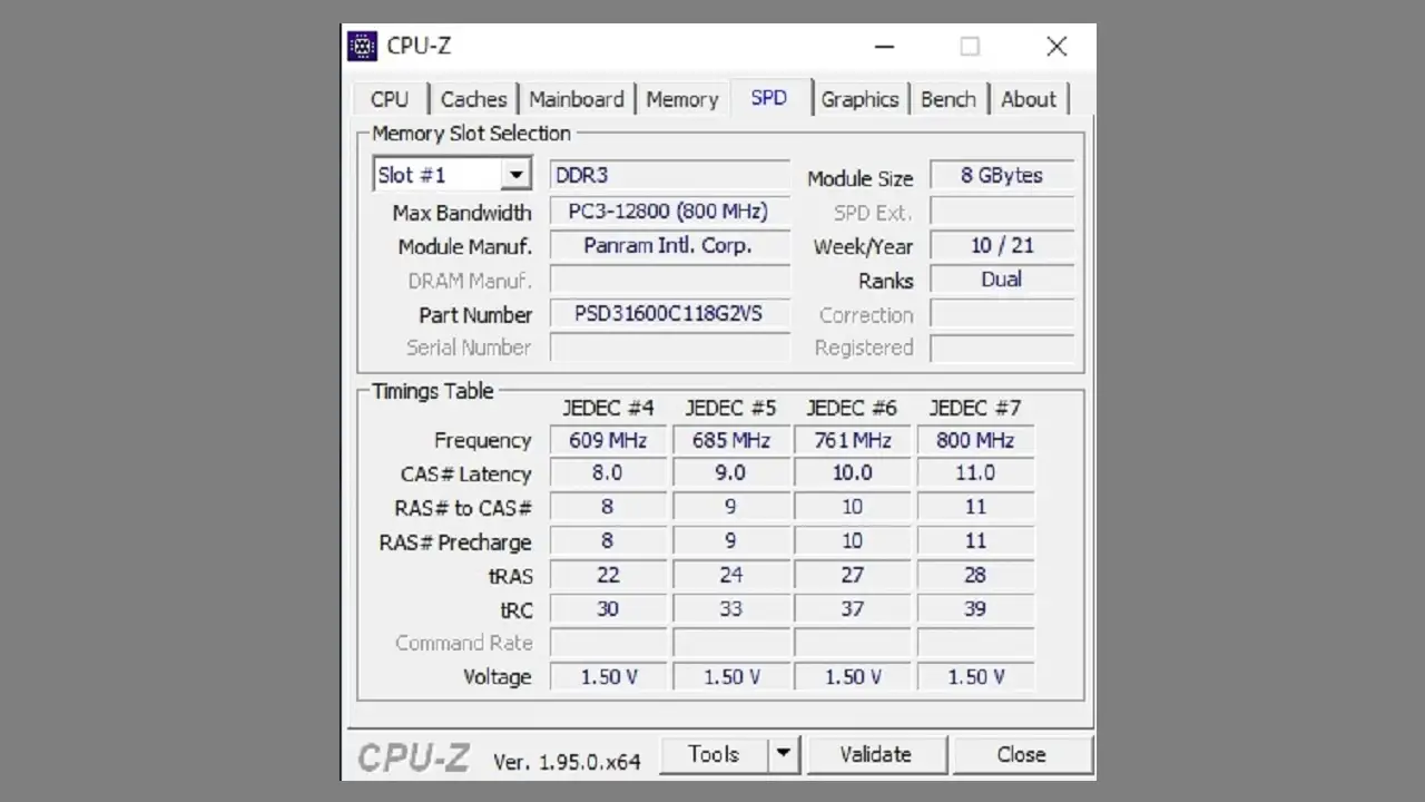 CPU-Z MemorySPD情報(Slot#1 8GB)