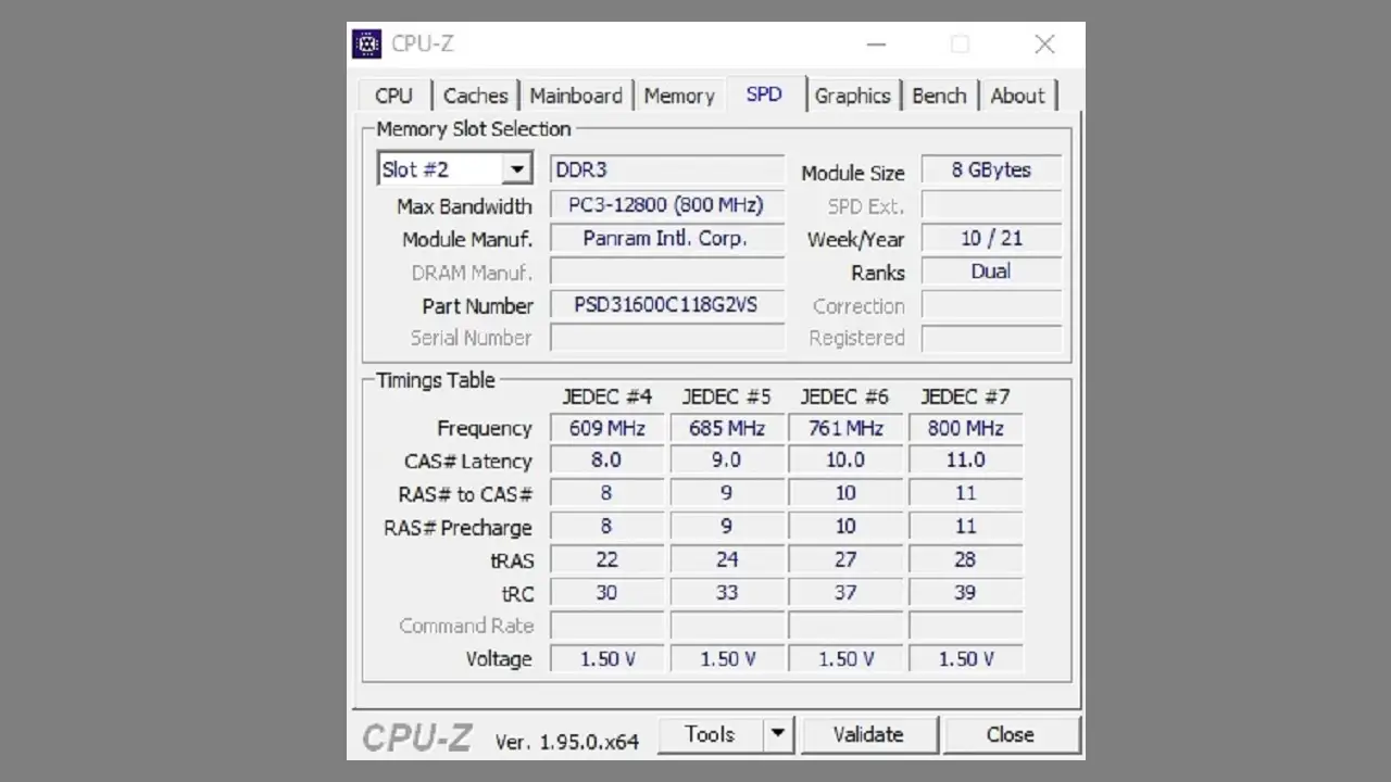 CPU-Z MemorySPD情報(Slot#2 8GB)